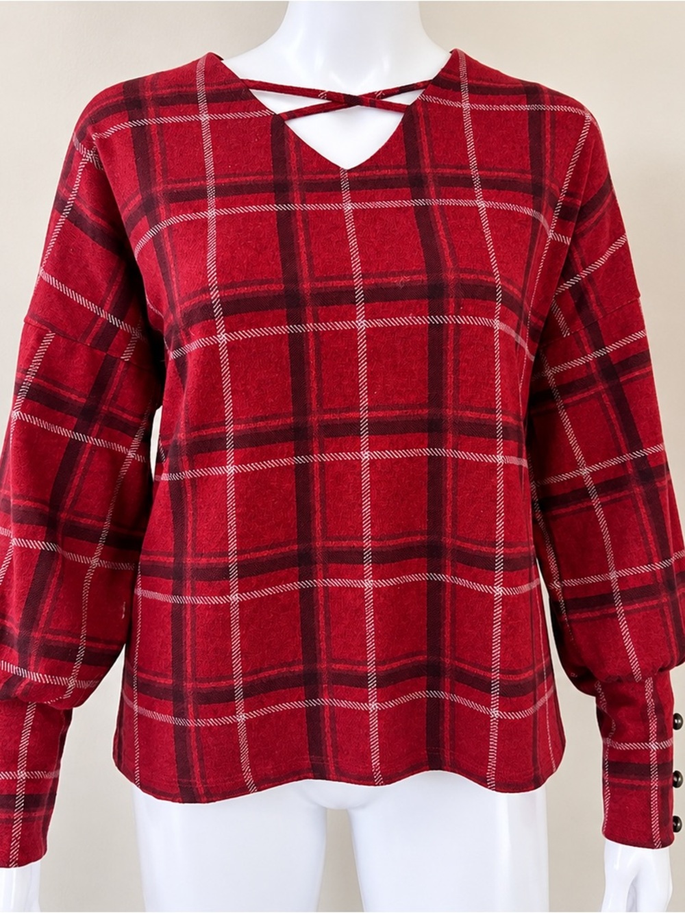 NY Collection Red Plaid Crisscross V-Neck Tunic